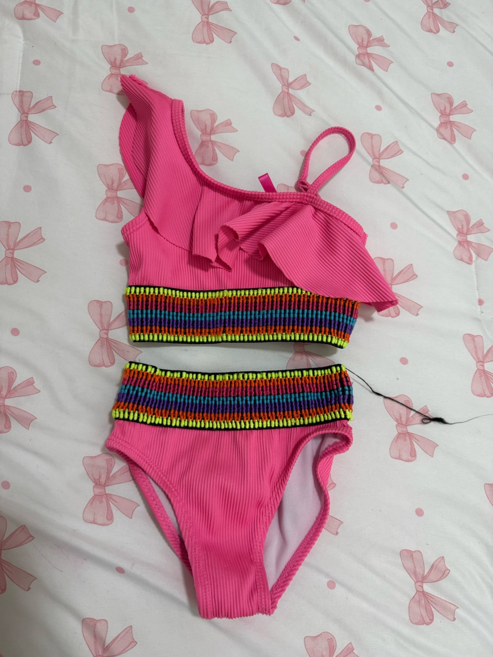 Betsey Johnson Hot Pink Girls' Two-Piece Swim Set with Rainbow Trim